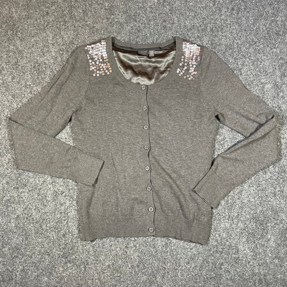 Esprit Cardigan Sweater Womens Small Gray Sequin Shoulder Satin Lined Cotton